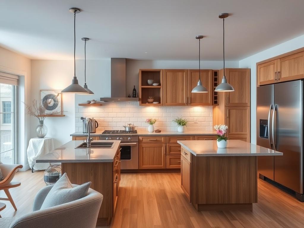 A beautifully renovated kitchen with modern appliances, soft lighting, and