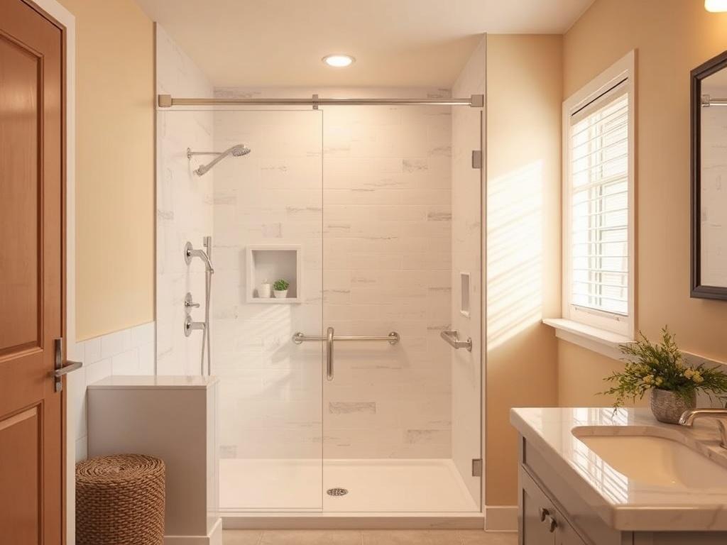 A serene, renovated bathroom showcasing a walk in shower and