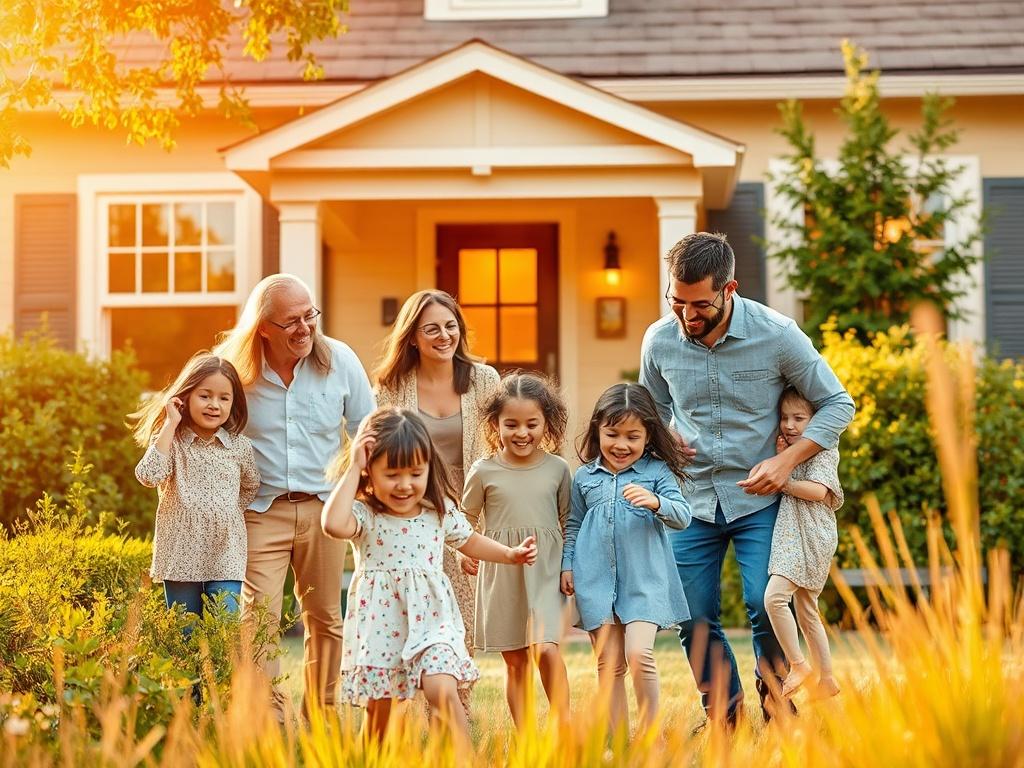 A community gathering with smiling families celebrating in front of
