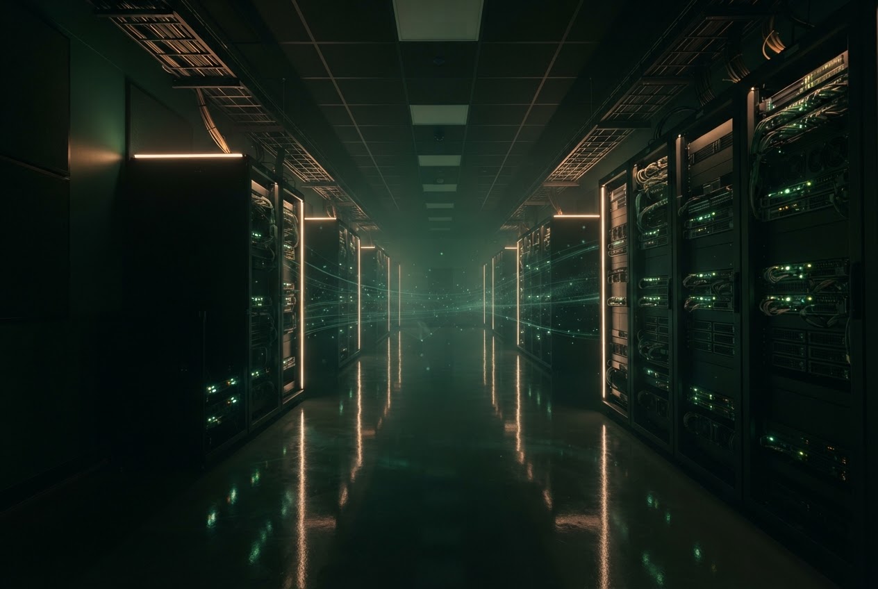 Data centre corridor in deep emerald tones with sage green and amber accent lighting