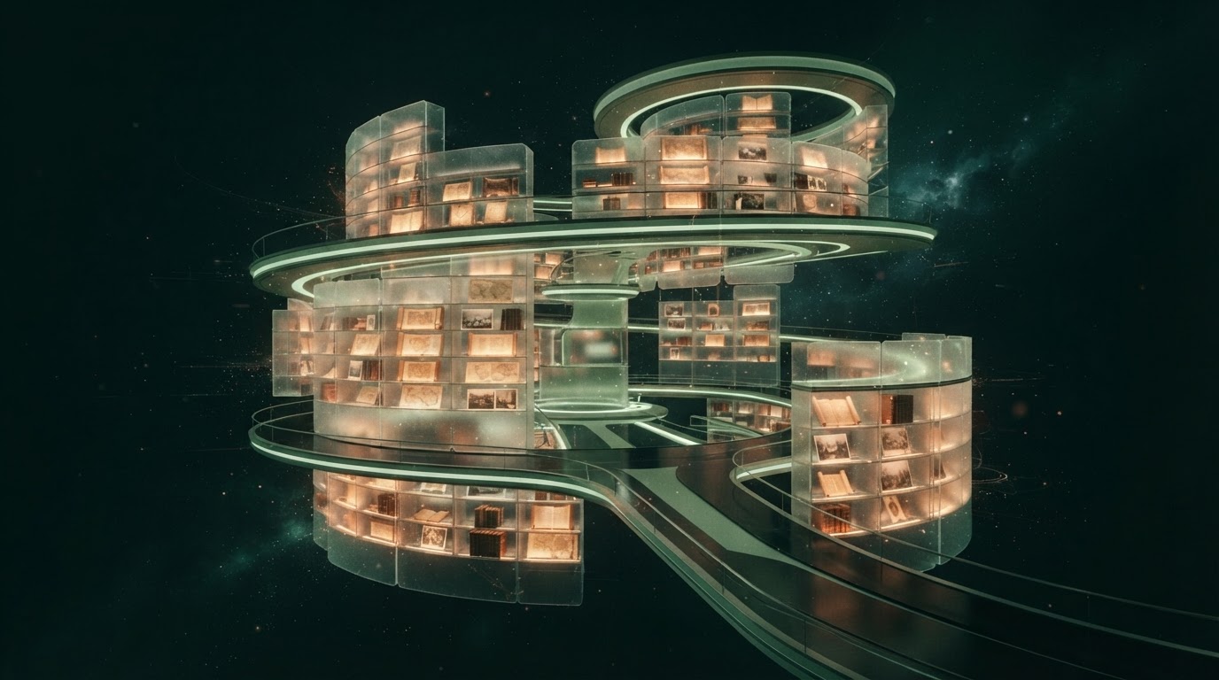 Virtual library of glowing archival manuscripts floating in a deep emerald digital space