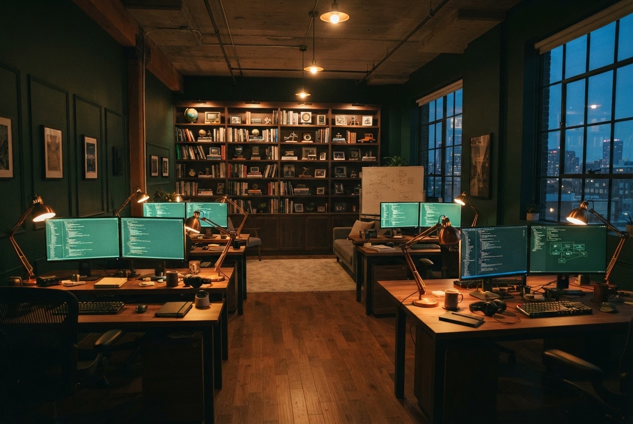 Willow Sanctum Digital engineering studio at dusk with warm amber lamps and glowing emerald interfaces