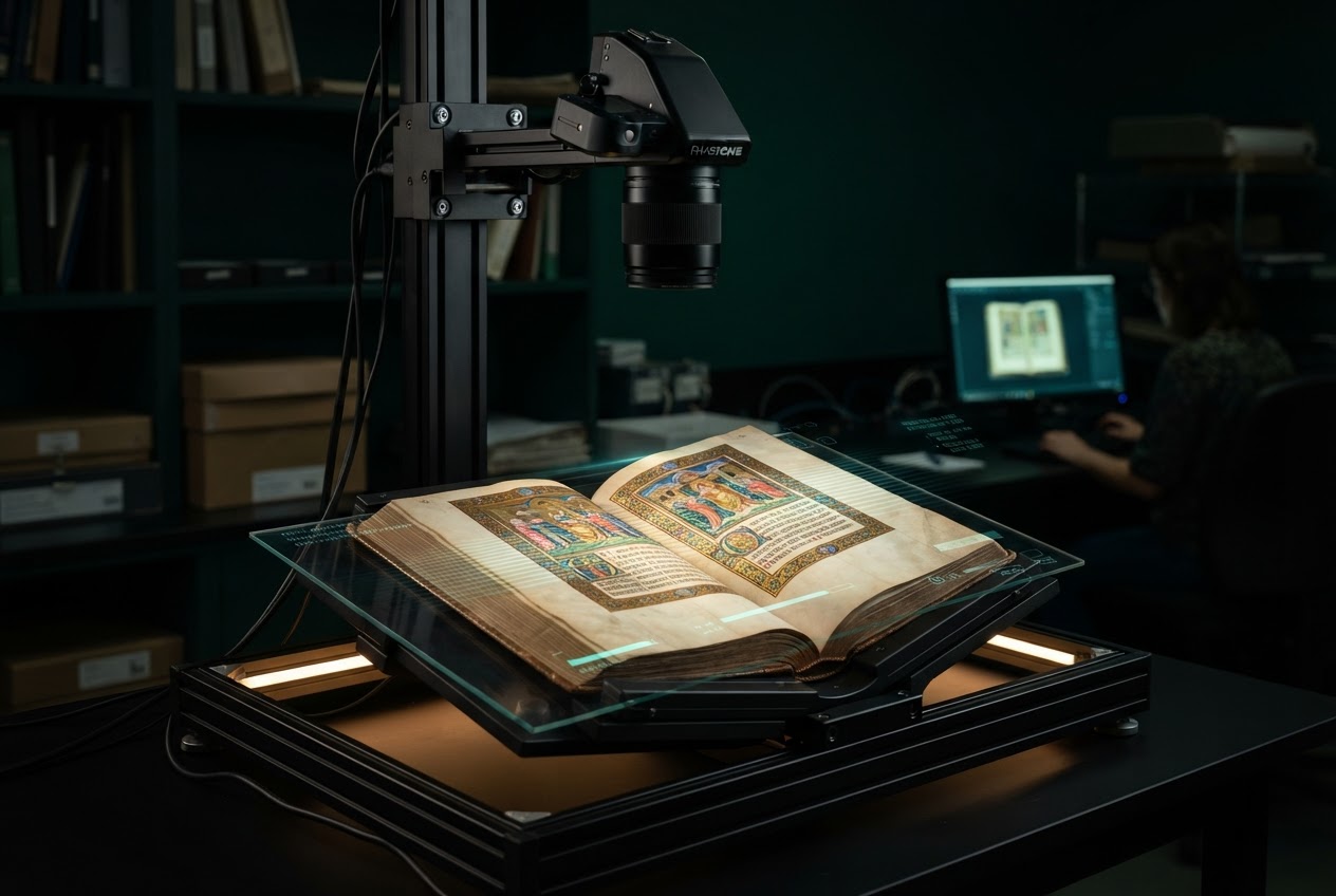 Rare illuminated manuscript on a high-resolution digitization rig with warm amber lighting