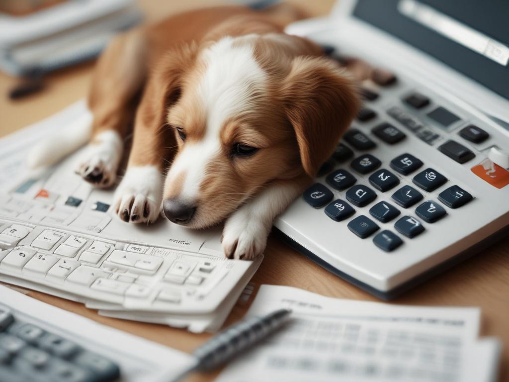 A close-up shot of a dog’s paw resting gently on top of a calculator, symbolizing the connection between pet care and financial planning. The background features a soft-focus home office setting, with warm lighting and plants, conveying a feeling of comfort and organization. Shot with a 45mm f/1.2 lens to accentuate the details of the paw and calculator.