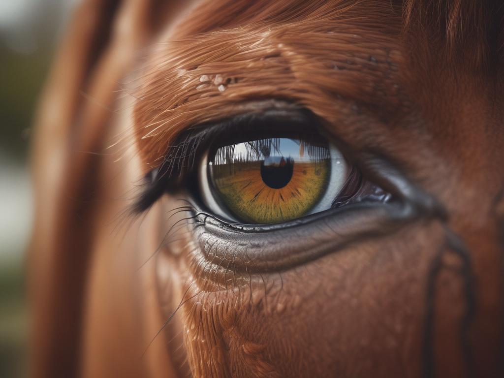 A close-up shot of a horse's eye, reflecting a serene landscape in its iris. The background is softly blurred with warm, natural colors that evoke a sense of calm and connection to nature. Shot with a 45mm f/1.2 lens, highlighting the detailed texture of the horse's coat and the emotions conveyed through its gaze.