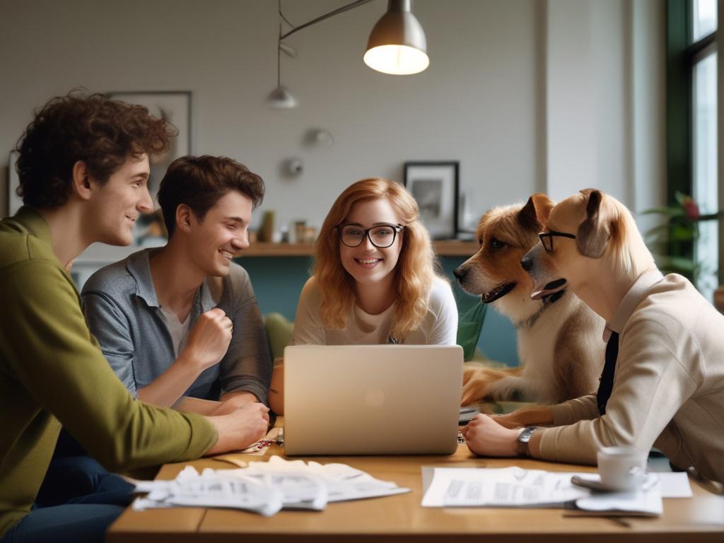 A close-up image of a group of pet owners engaged in a lively discussion around a table, with papers and laptops open. The scene conveys a sense of collaboration and community, highlighting the diverse backgrounds of the participants. The focus should be on their expressions of enthusiasm and engagement, rendered in hyper-realistic style with attention to detail, ensuring it complements the primary color rgb(124, 140, 108).