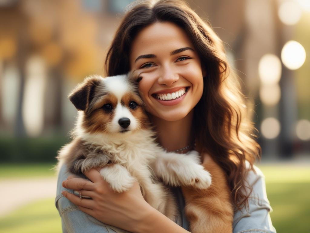A close-up shot of a caring pet owner smiling while holding a dog, with a warm, inviting background that suggests a peaceful environment. The focus is on the owner and the dog, capturing a moment of joy and connection. The image should be rendered in hyper-realistic style, showcasing the emotions of the moment with details in their expressions and fur, compatible with the primary color rgb(124, 140, 108).