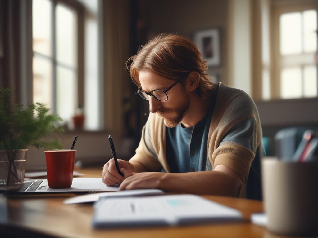 A close-up shot of a thoughtful dog owner, sitting at a table with a notebook and laptop, planning finances for their pet. The scene is warm and inviting, with soft natural light streaming through a window, casting gentle shadows. The owner looks focused and engaged, surrounded by images of their dog and financial documents. The background showcases a cozy home office setting with subtle hints of animal care, emphasizing the blend of financial planning and pet ownership.