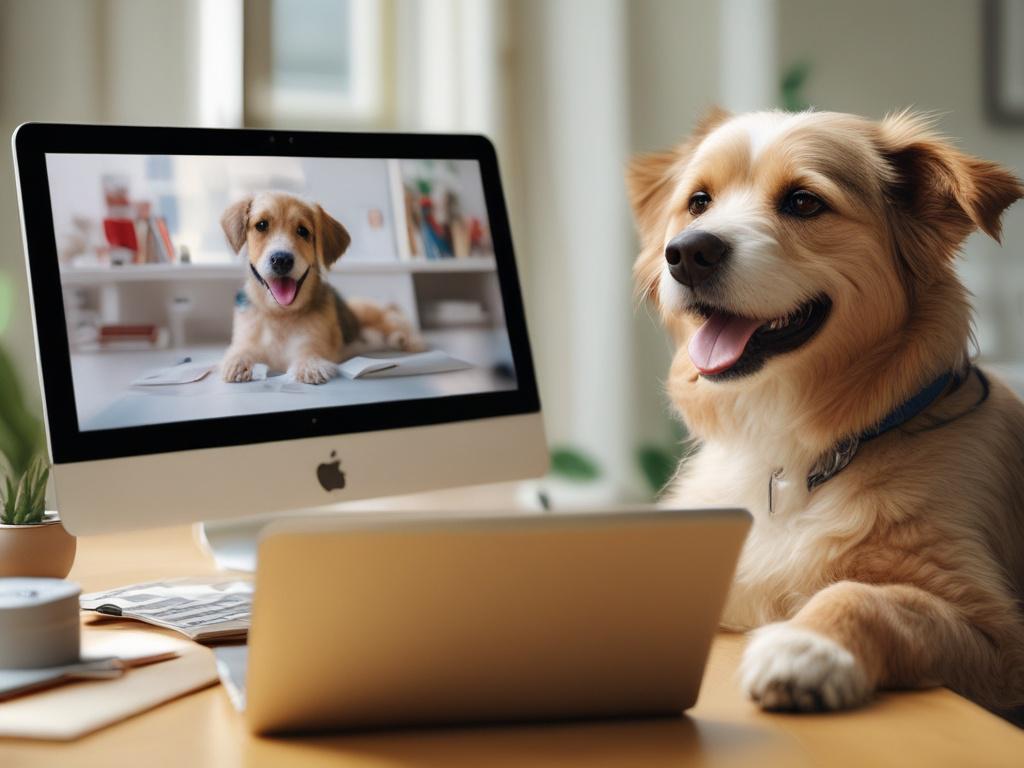 A close-up shot of a smiling dog owner attending an online workshop, with a laptop displaying a webinar on financial planning for pets. The owner is engaged, taking notes, and surrounded by pet care items like toys and treats. The warm lighting creates an inviting atmosphere, while the background hints at a cozy living space, blending the themes of financial education and pet ownership.