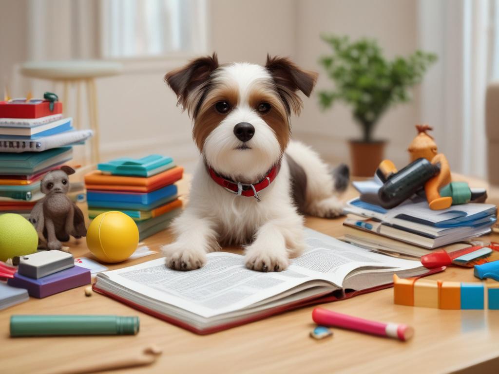 A close-up shot of an open guidebook on financial planning, surrounded by a dog's toys and care items, with a pet sitting nearby. The scene is well-lit, conveying a sense of preparedness and care. The background includes a cozy home setting, emphasizing the bond between the pet and owner while highlighting the importance of financial planning.