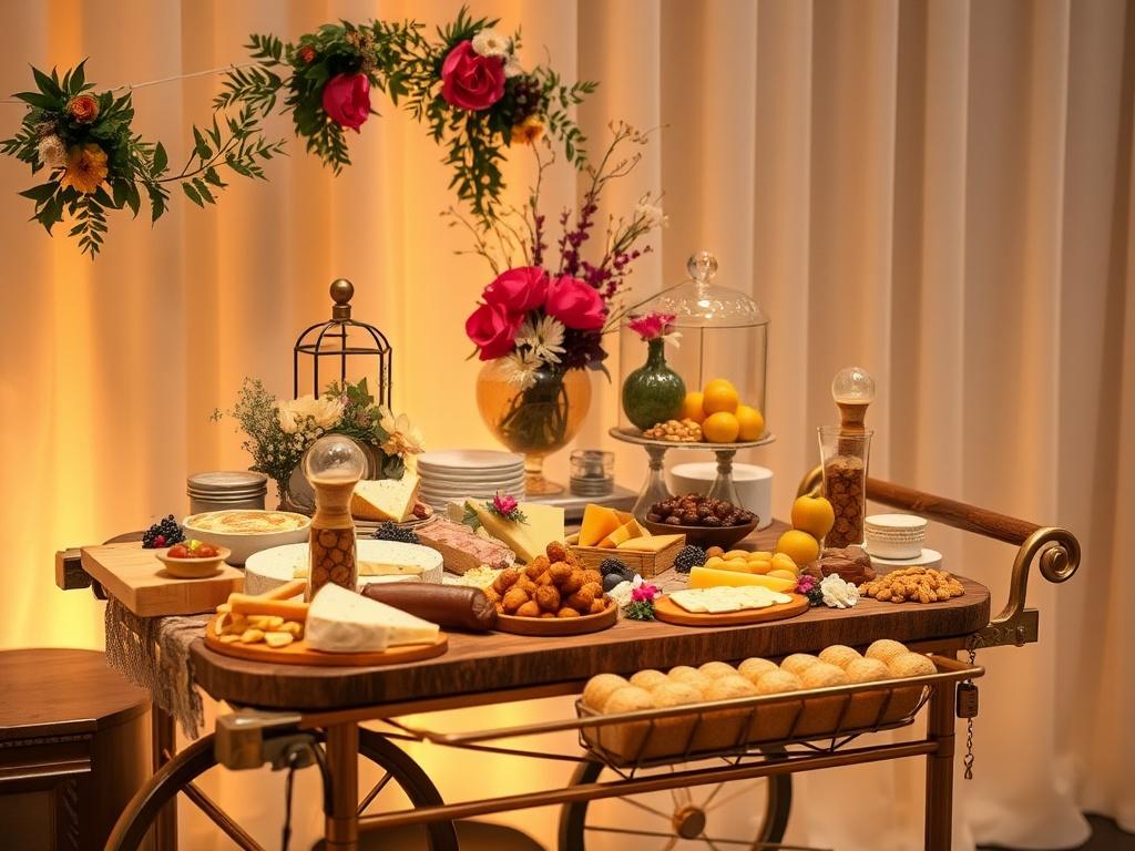 An elegantly arranged charcuterie cart filled with artisanal cheeses, meats,