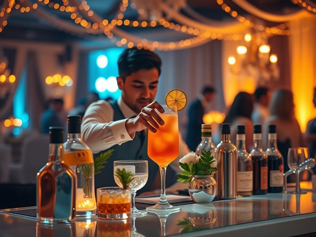 A skilled bartender preparing a colorful cocktail at a beautifully