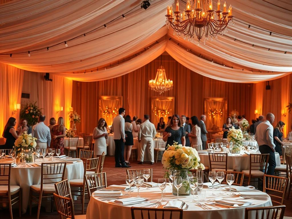 A beautifully decorated event space for a wedding, showcasing elegant