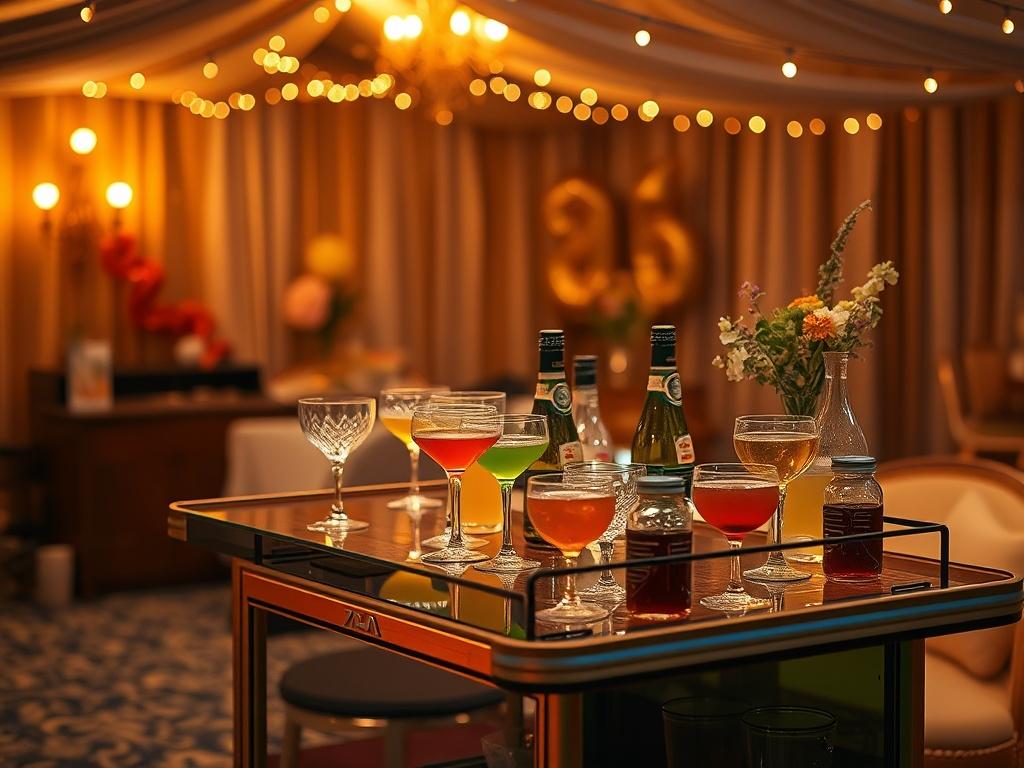 A cozy event scene featuring a beautifully arranged mobile bar