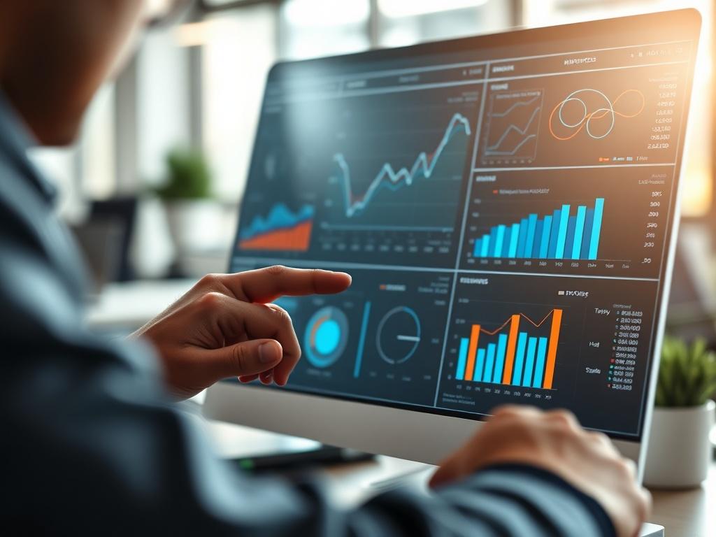 A hyper-realistic close-up shot of a person analyzing data on a digital dashboard, showcasing graphs and metrics. The background is a softly blurred office environment with natural light illuminating the scene, emphasizing focus and clarity. The image should highlight the engagement and concentration of the individual, capturing the essence of data analysis.