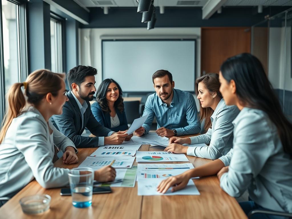 A hyper-realistic close-up shot of a diverse group of professionals brainstorming around a conference table, with charts and marketing materials visible. The setting is modern and collaborative, reflecting an atmosphere of innovation and teamwork. The image should capture the energy of the group as they strategize for user acquisition.