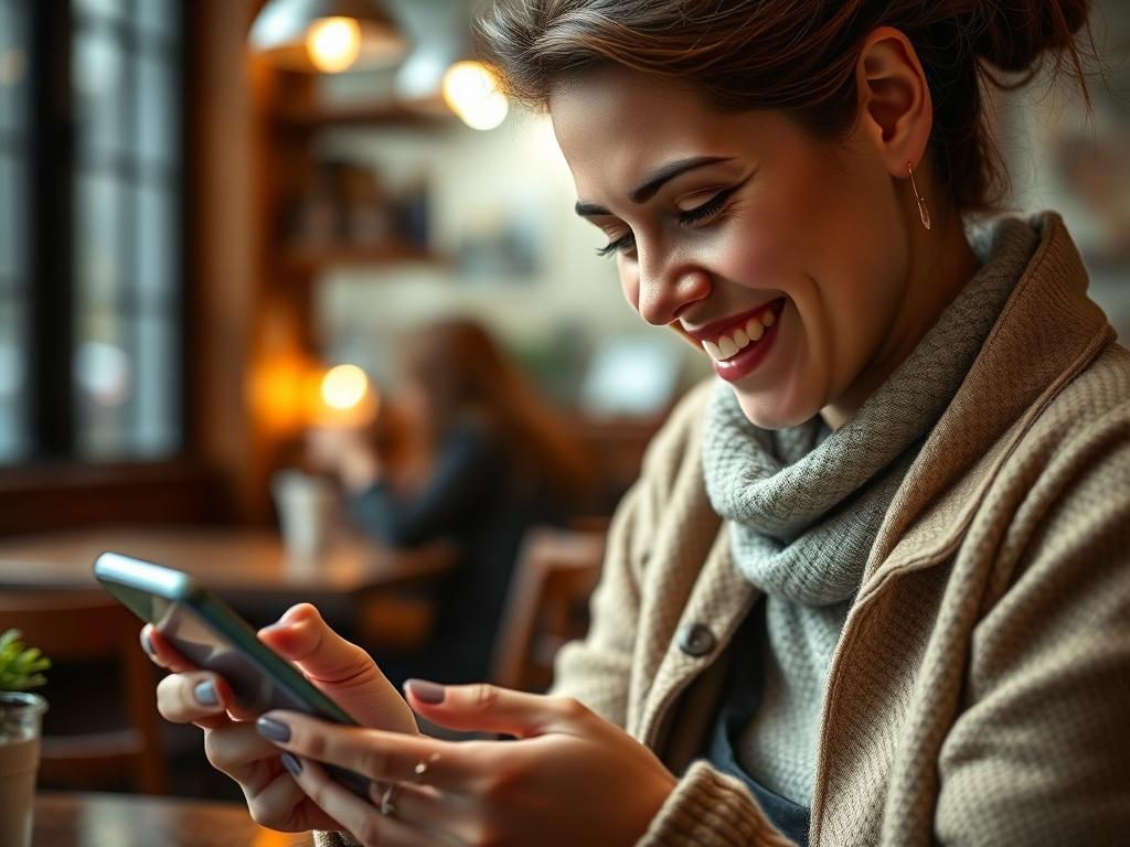 A hyper-realistic close-up shot of a happy customer using a mobile app, with a satisfied expression. The background features a cozy café atmosphere, indicating a seamless user experience. The focus is on the customer’s interaction with the app, highlighting the importance of engagement and satisfaction.