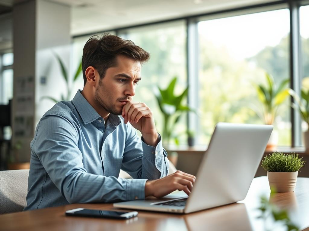 Create a realistic high-resolution photo that reflects the theme of "Understanding Sustainable User Acquisition." The image should focus on a single subject: a thoughtful professional sitting at a modern workspace, analyzing data on a laptop. The professional, a mid-30s male or female with a neutral expression, is engaged in reviewing user metrics on the screen, symbolizing strategic planning in user acquisition. 

The background should feature a sleek office environment with greenery visible through a larg