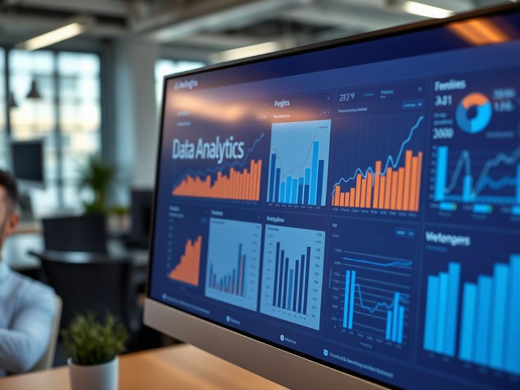 A close-up shot of a data analytics dashboard on a computer screen, displaying graphs and charts with clear insights. The setting is an office with modern decor, emphasizing a tech-savvy environment. The data visuals should be vibrant and easily interpretable, showcasing the power of analytics in decision-making.