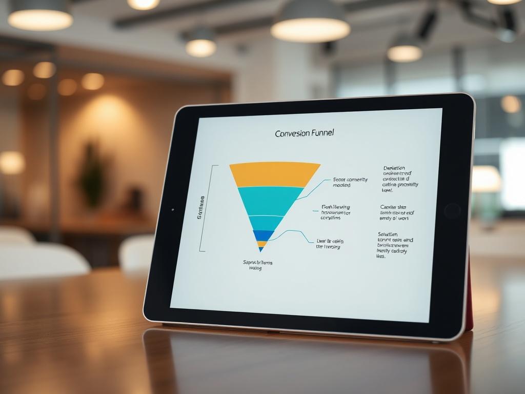 A close-up shot of a conversion funnel diagram on a tablet screen, highlighting key steps and user actions. The background is a modern office environment, with soft lighting that creates a professional ambiance. The diagram should be clear and visually appealing, emphasizing the smooth transitions within the conversion process.