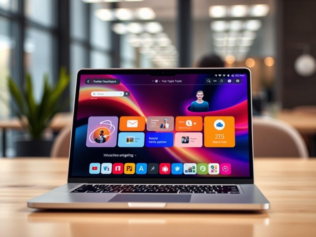 A close-up shot of a laptop screen displaying an engaging user interface, with intuitive navigation and vibrant colors. The background features a soft-focus office setting, emphasizing a professional atmosphere. The image should convey a sense of modernity and user-friendliness, showcasing the screen's content clearly, ensuring the viewer can appreciate the design details.