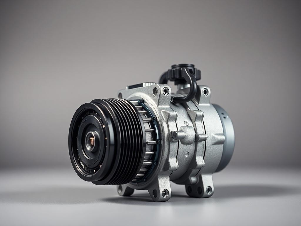 A close-up shot of a high-quality automotive A/C compressor, showcasing its intricate details and design. The compressor should be centered in the image with a clean, simple background that emphasizes its features. The image should be rendered in hyper-realistic style, capturing the metallic texture and components of the A/C unit, shot with a 45mm f/1.2 lens style. The primary color #062767 should be incorporated subtly in the background for brand consistency.