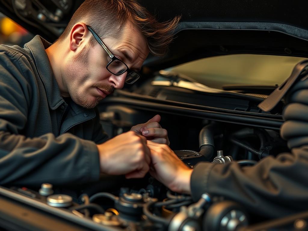 A highly detailed close-up shot of a skilled mechanic working on a German car engine, showcasing the intricate parts and tools used during the repair process. The background is softly blurred to emphasize the mechanic's focused expression and the precision of their work. The image should be warm and inviting, with realistic lighting that highlights the textures of the engine components, and it should be compatible with the primary color #062767.