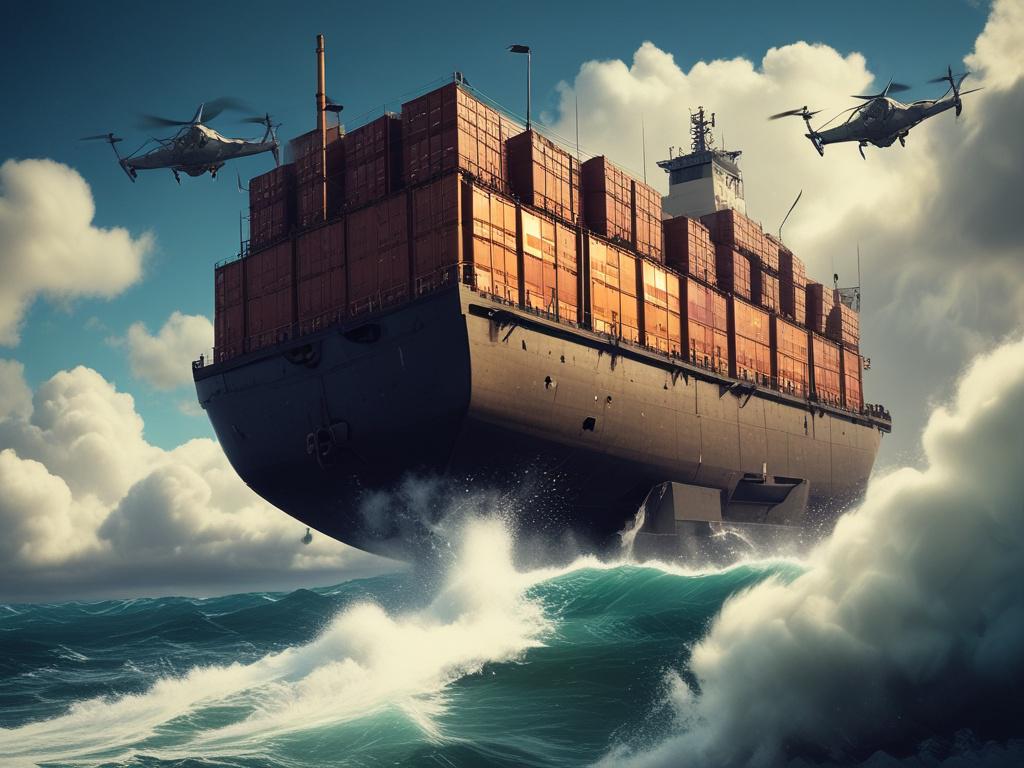 A retrofitted cargo ship equipped with swarm drones flying above