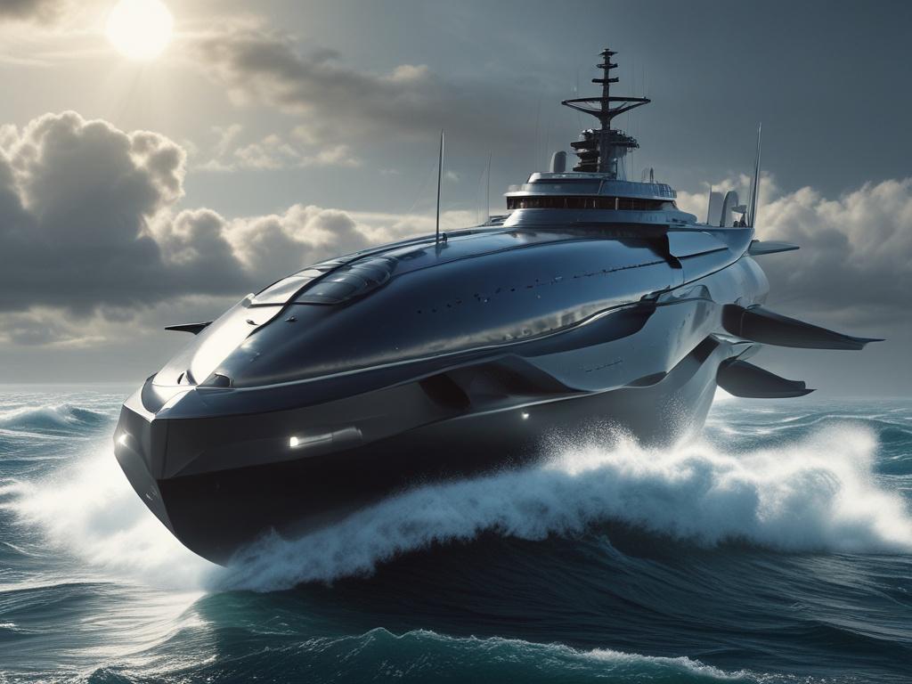 A futuristic ship utilizing wave turbines and hydrogen electric technology,