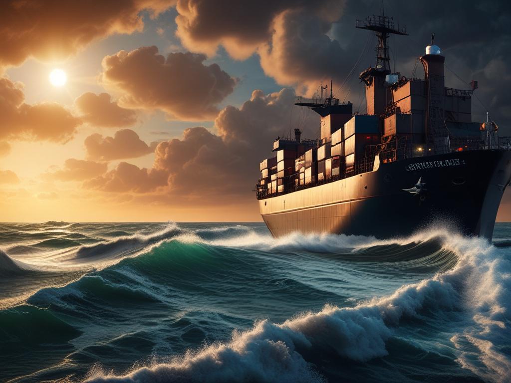 A retrofitted cargo ship equipped with autonomous drones over the