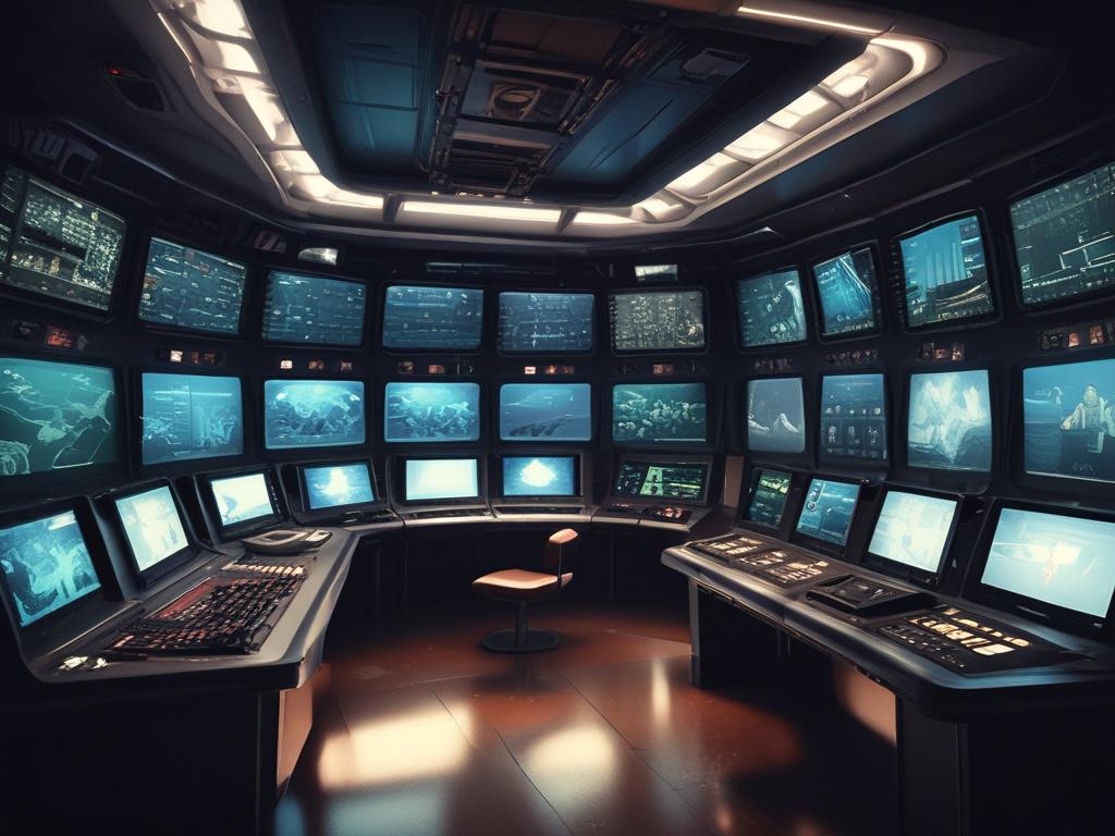 An advanced AI control room monitoring multiple ships at sea,
