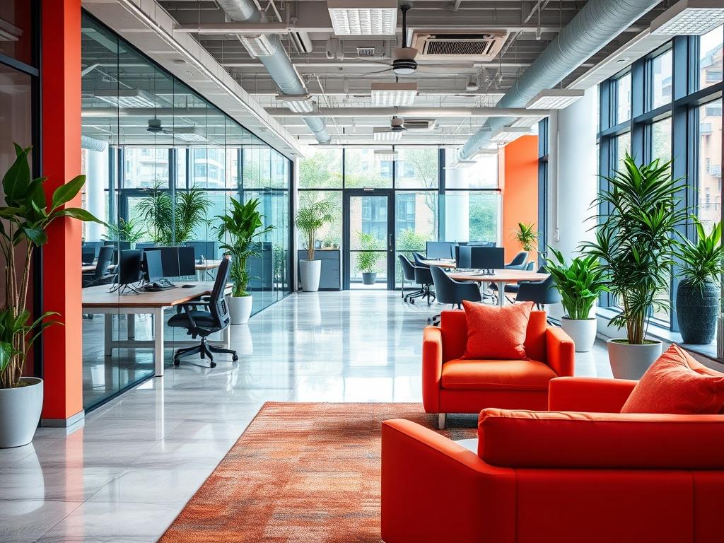 An updated office space with modern furniture, collaborative work areas,