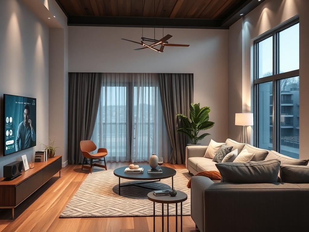 A modern living room showcasing smart home technology, including a