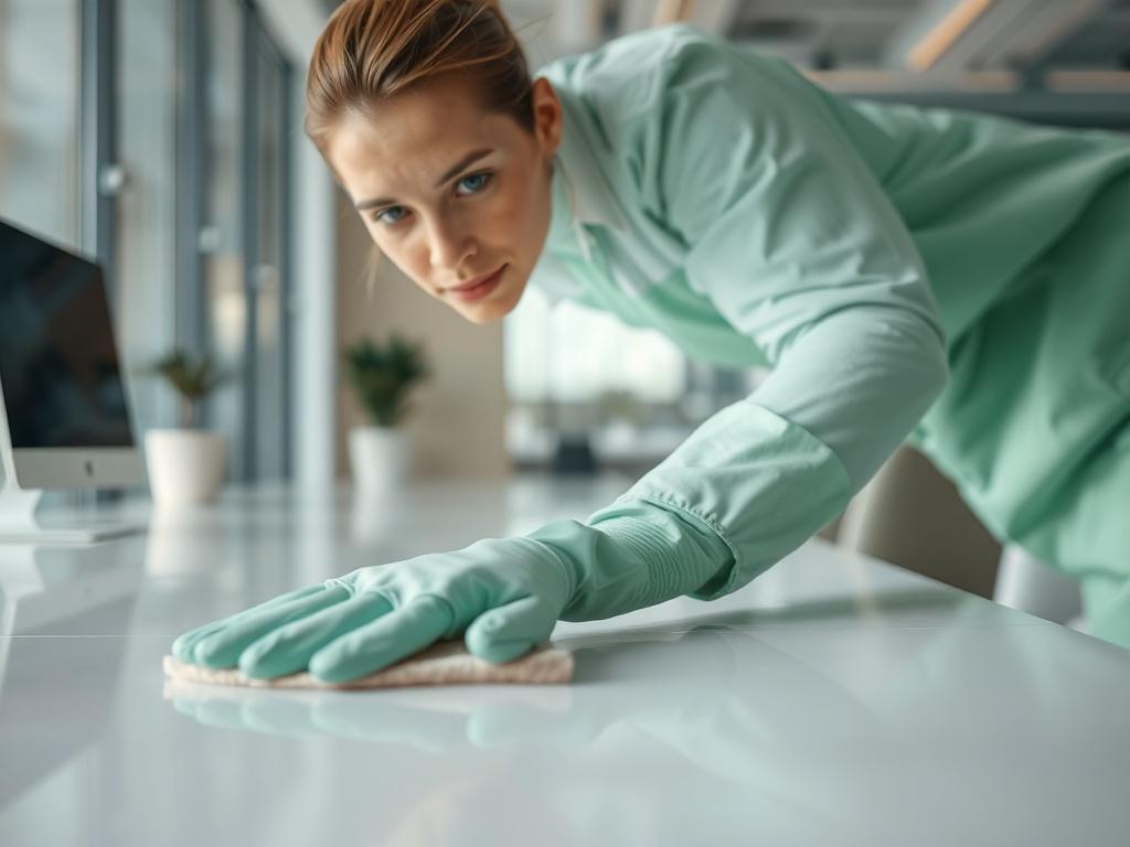 A hyper-realistic close-up shot of a professional cleaner meticulously wiping down a surface in a modern office environment. The cleaner is wearing gloves and has a focused expression, showcasing dedication to their work. The background is softly blurred to emphasize the cleaner and the pristine workspace. The color scheme includes shades of green and white, reflecting cleanliness and freshness.
