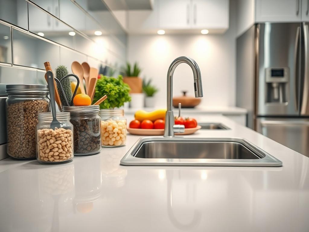 A hyper-realistic close-up shot of a sparkling kitchen countertop. The image captures gleaming surfaces, with neatly organized jars and utensil holders. The sink is spotless, and the backsplash shines, reflecting the bright lights above. Fresh ingredients are artfully arranged on the counter, adding a pop of color. The background features modern appliances that enhance the overall aesthetic, demonstrating the transformative impact of a deep cleaning service.