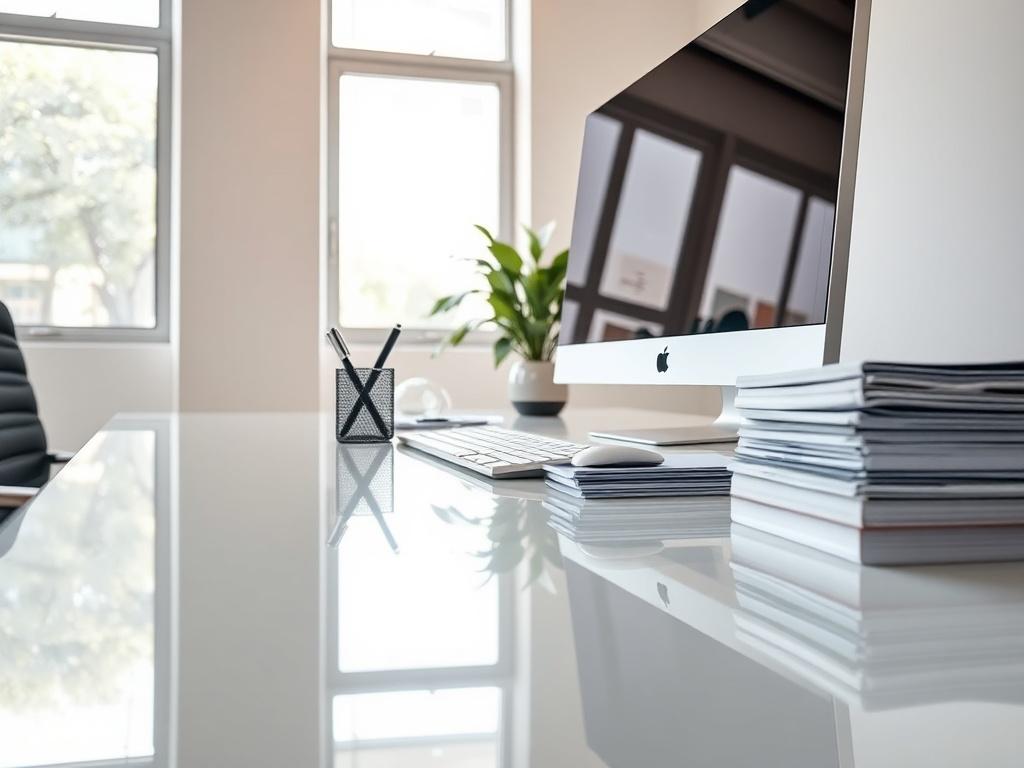 A hyper-realistic close-up shot of a tidy office workspace. The desk is clear, with a sleek monitor, a stylish pen holder, and neatly stacked documents. The floor shines, reflecting the organized environment. A plant sits in the corner, bringing life to the space. Soft natural light enters through large windows, creating an inviting atmosphere that emphasizes productivity. The background is neutral, focusing attention on the cleanliness and professionalism of the office.