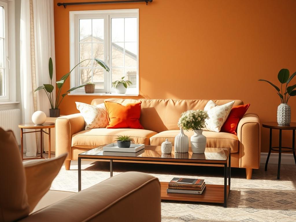 A hyper-realistic close-up shot of a beautifully clean living room. The composition features a plush sofa with vibrant cushions, a polished coffee table, and neatly arranged decor items. Soft natural light filters in through a window, illuminating the room and highlighting the subtle textures of the furnishings. The background is a warm, inviting color that enhances the cleanliness of the space, showcasing the difference after a professional clean.
