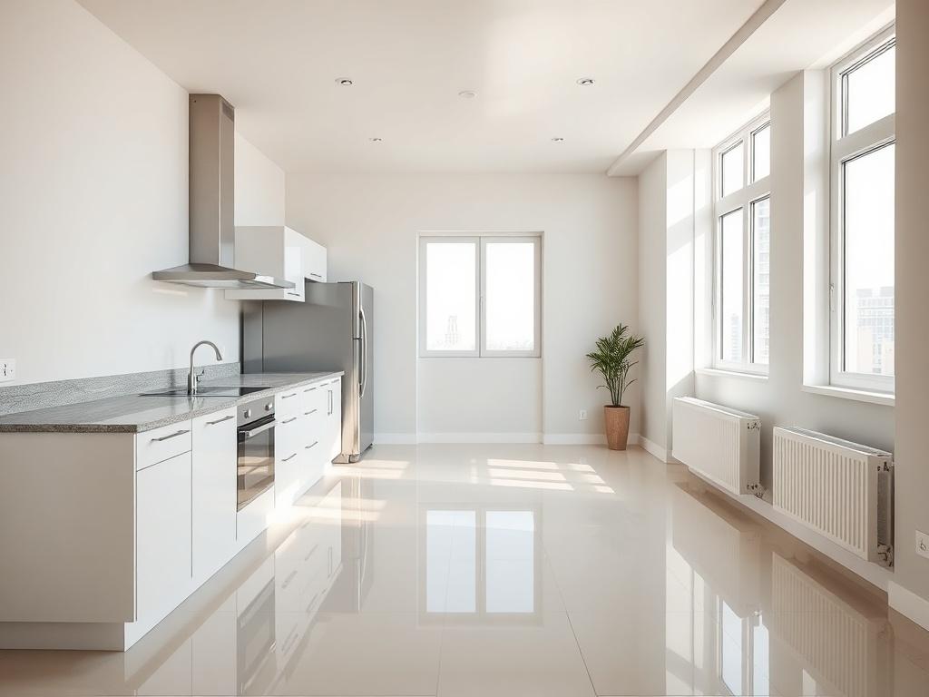 An empty apartment with gleaming floors and freshly cleaned windows. The image focuses on a kitchen with spotless countertops and shining appliances. A light, airy atmosphere conveys the feeling of a new beginning, emphasizing cleanliness and readiness for new occupants.