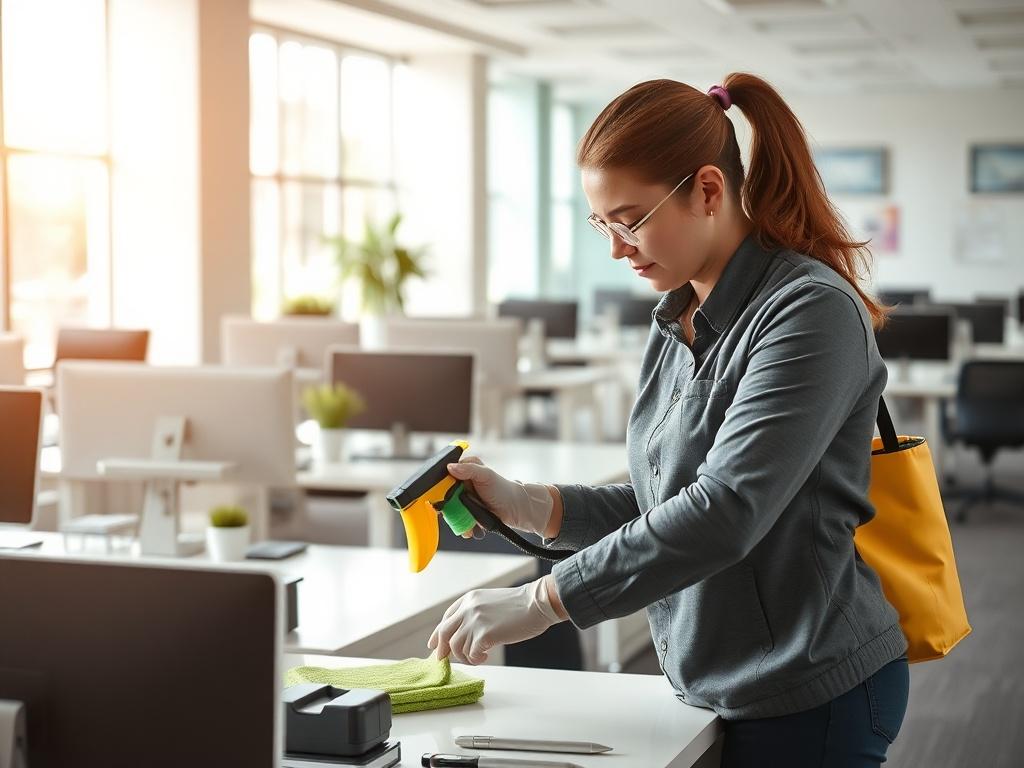 A pristine office environment with gleaming desks and organized workspaces. The image highlights a professional cleaner in action, using eco-friendly supplies, ensuring every surface is spotless. Natural light floods through large windows, enhancing the freshness of the space. The overall vibe is professional, efficient, and inviting.
