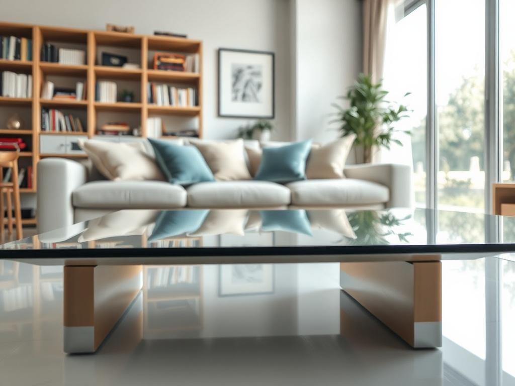 A clean and bright living room with a focus on a shiny coffee table and neatly arranged cushions. The background features a well-organized bookshelf and a large window letting in natural light. The image conveys a sense of cleanliness, comfort, and a fresh atmosphere, with attention to detail in the cleanliness of surfaces.