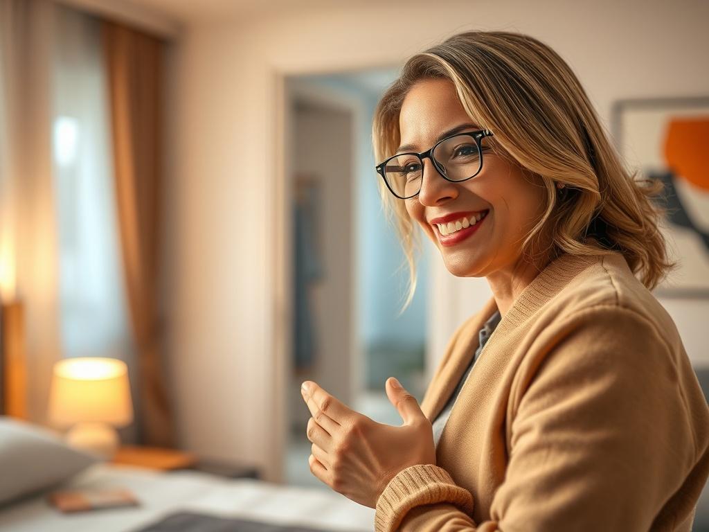 A close-up shot of a satisfied customer inspecting a freshly cleaned room, highlighting cleanliness and attention to detail. The warm, inviting atmosphere reflects a sense of satisfaction. Soft lighting enhances the overall comfort of the space.