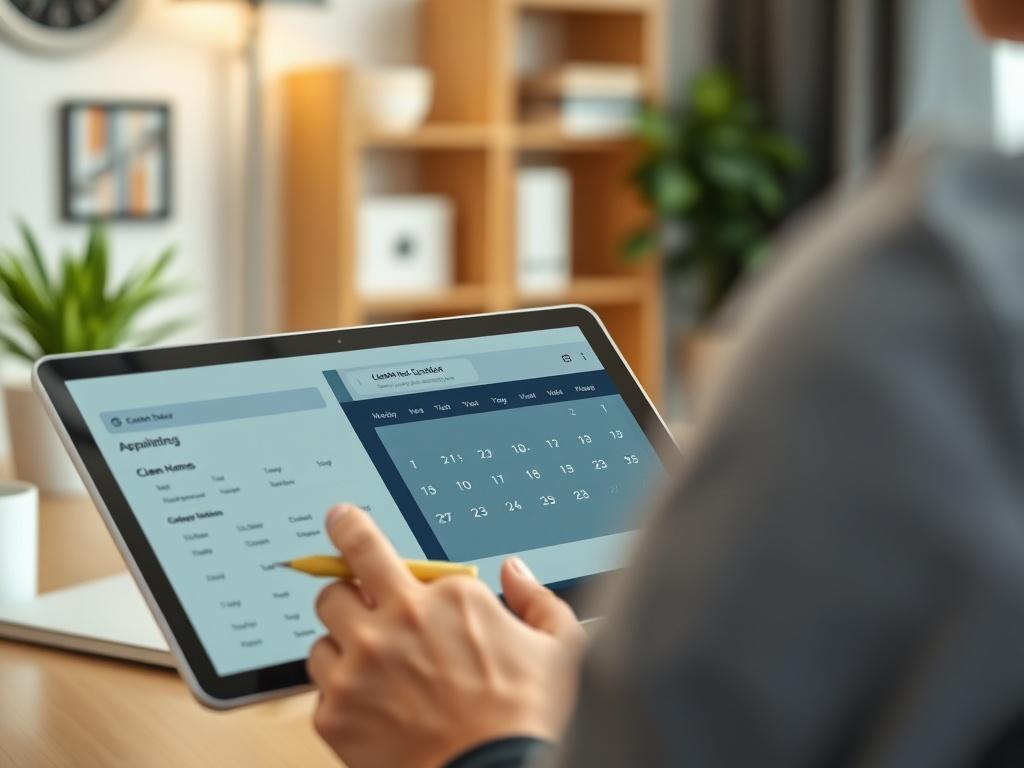 A close-up shot of a person using a tablet to schedule a cleaning appointment online. The tablet displays a clear calendar interface with available dates highlighted. The background features a well-organized home office, suggesting a modern and efficient environment.