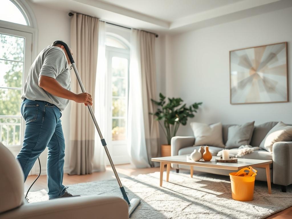 A close-up shot of a professional cleaner in action, using advanced cleaning tools in a bright living room. The cleaner is focused and dedicated, showcasing a sparkling clean environment. Natural light pours in through a window, emphasizing cleanliness and freshness.