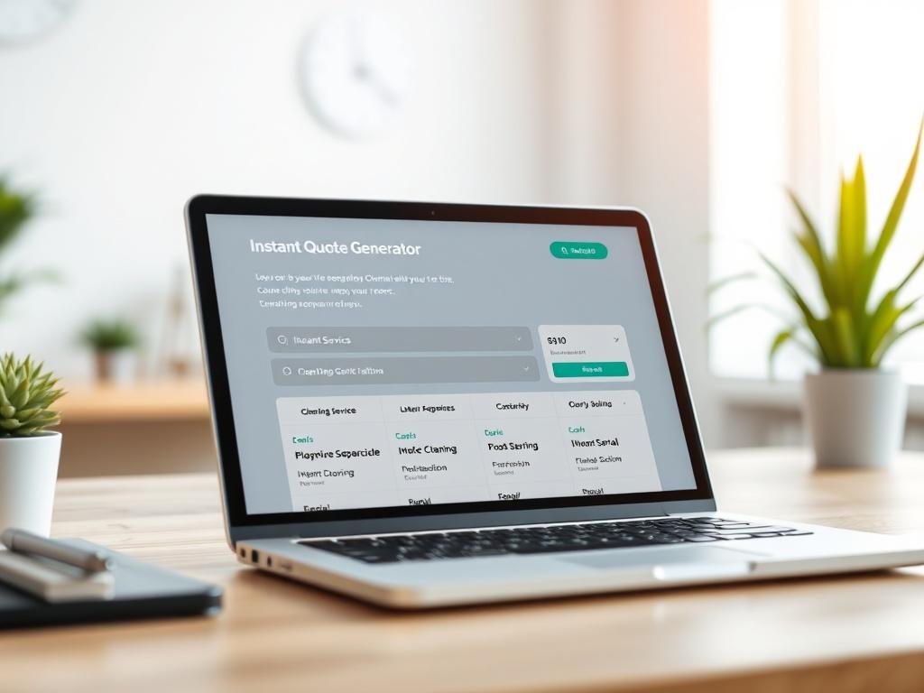 A close-up shot of a modern and user-friendly instant quote generator interface on a laptop screen, displaying cleaning service options with a clean design. The background is soft-focus, highlighting a bright and tidy workspace, with a hint of greenery to reflect cleanliness.