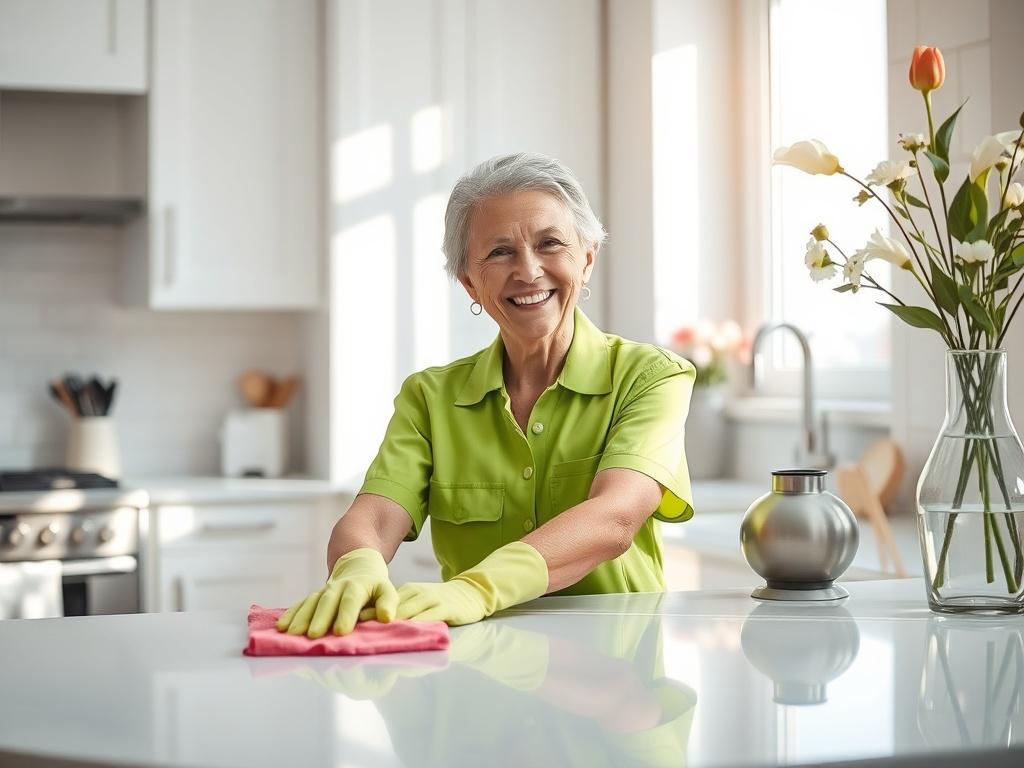 Create a highly detailed and realistic high-resolution photo that reflects the theme of a blog titled "The Benefits of Professional Cleaning Services." Focus on a single subject: a professional cleaner in a vibrant green uniform, diligently cleaning a sparkling kitchen countertop. The cleaner should be a middle-aged individual with a warm smile, showcasing a friendly and approachable demeanor as they use a microfiber cloth to wipe the surface, illustrating the attention to detail that professional cleaning 