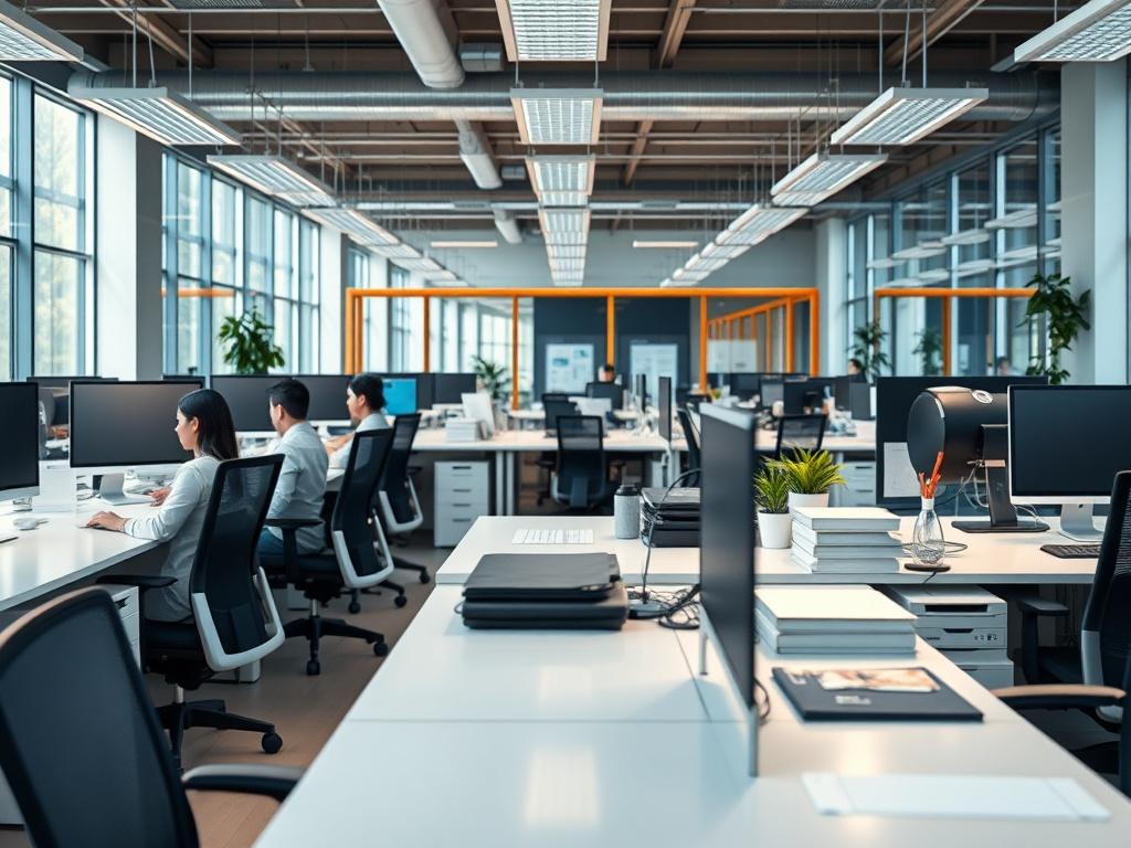 A sleek and modern office space with clean desks and organized workstations, reflecting a professionally maintained environment. The image should capture the essence of a busy workplace that is also inviting and tidy, with natural light illuminating the space. The primary color should be rgb(50, 170, 39) to create an uplifting atmosphere.