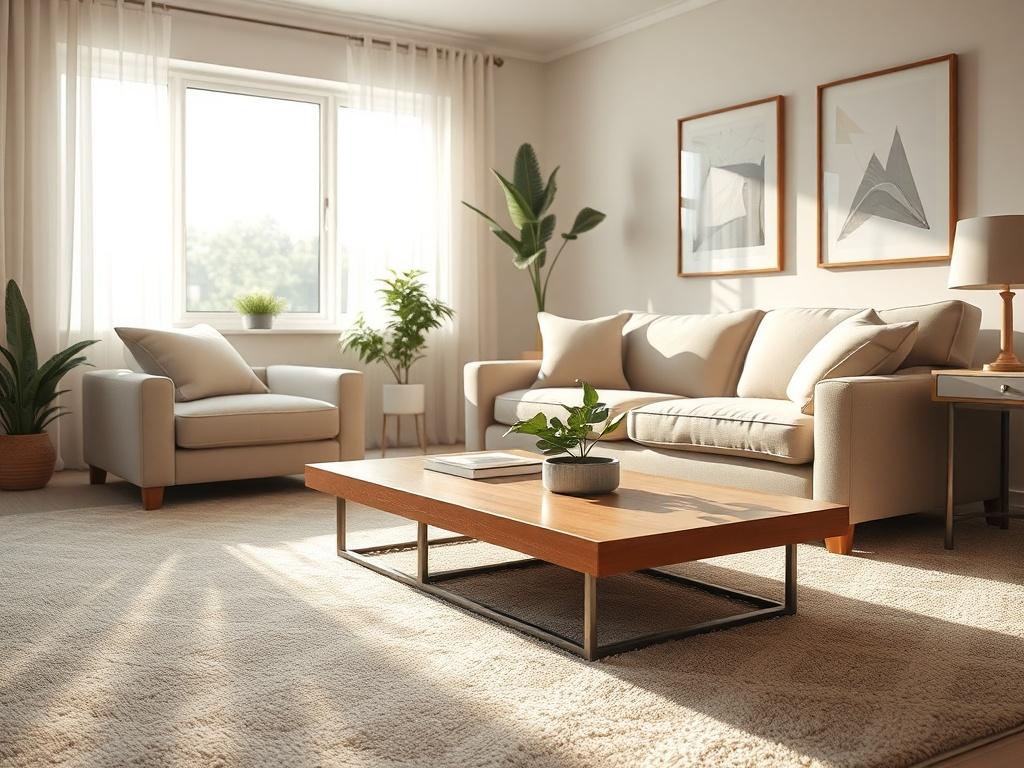 A clean and fresh living room with sunlight streaming through the windows, showcasing a well-vacuumed carpet and dust-free surfaces. The scene should have a cozy sofa and a coffee table with a plant, emphasizing cleanliness. The colors should be bright and inviting, with the primary color being rgb(50, 170, 39). The image should feel upscale and inviting.