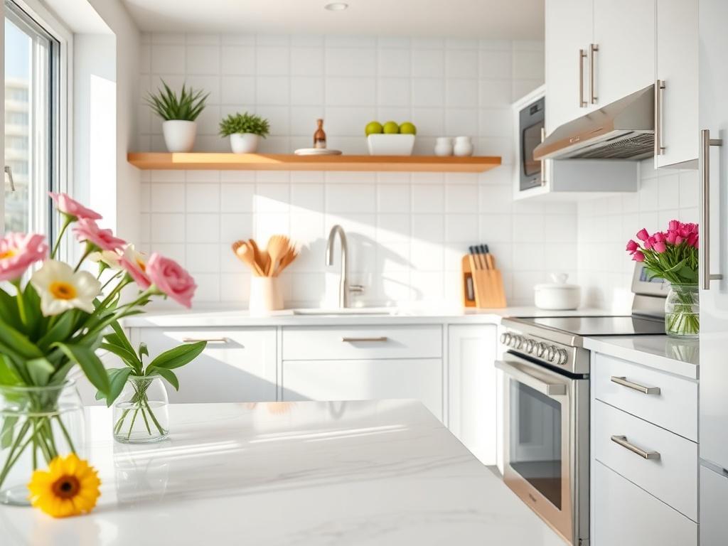 A bright and immaculate kitchen with sparkling countertops and spotless appliances, highlighting a professional cleaning effort. The scene should include a well-organized space with fresh flowers on the table, conveying a sense of thoroughness and care. The colors should be vibrant and clean, featuring rgb(50, 170, 39) as the primary color.