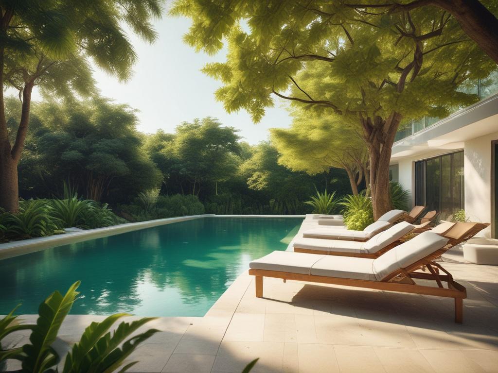 A serene outdoor swimming pool surrounded by lush greenery, gentle sunlight filtering through the leaves, inviting lounge chairs placed around the pool, a soft breeze causing gentle ripples on the water's surface, creating a peaceful and relaxing atmosphere.