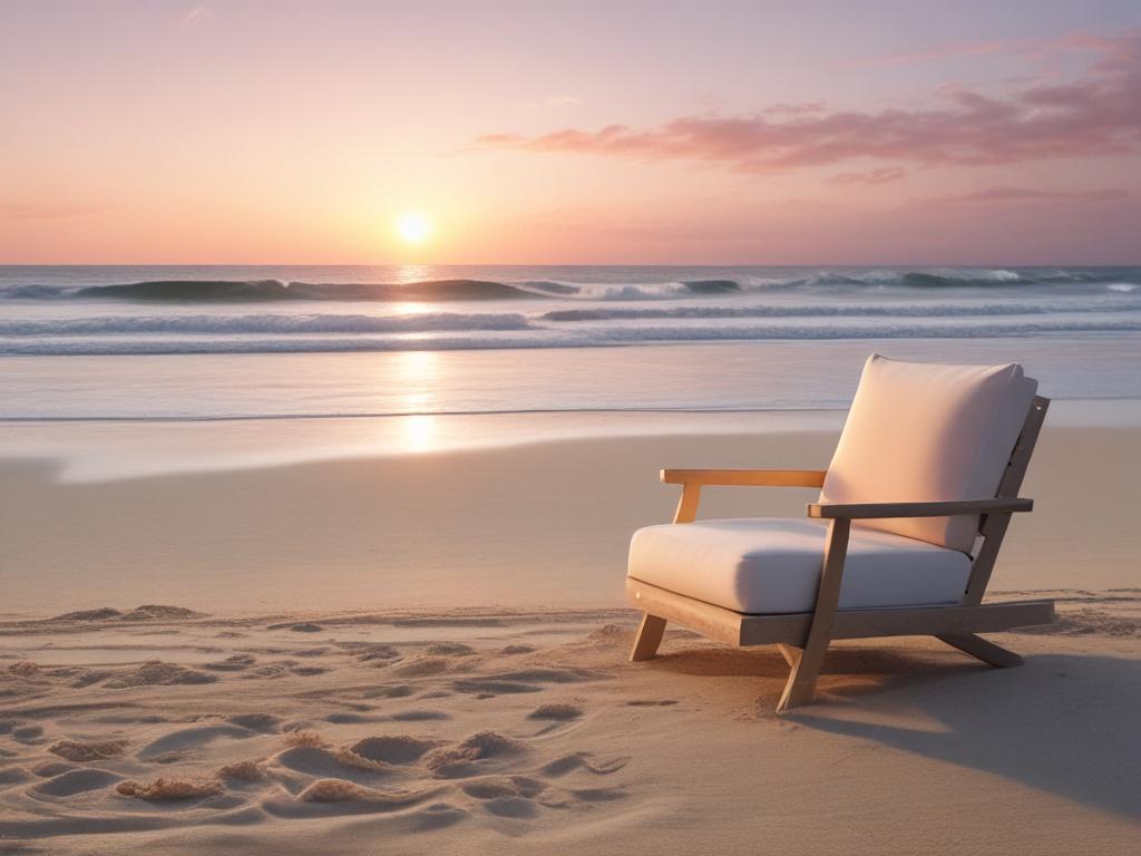A serene beach setting at sunrise, featuring a single elegant lounge chair with soft cushions on the sand, gentle waves lapping at the shore in the background, and a clear sky with soft pastel colors. The atmosphere should feel peaceful and inviting, embodying relaxation and tranquility.